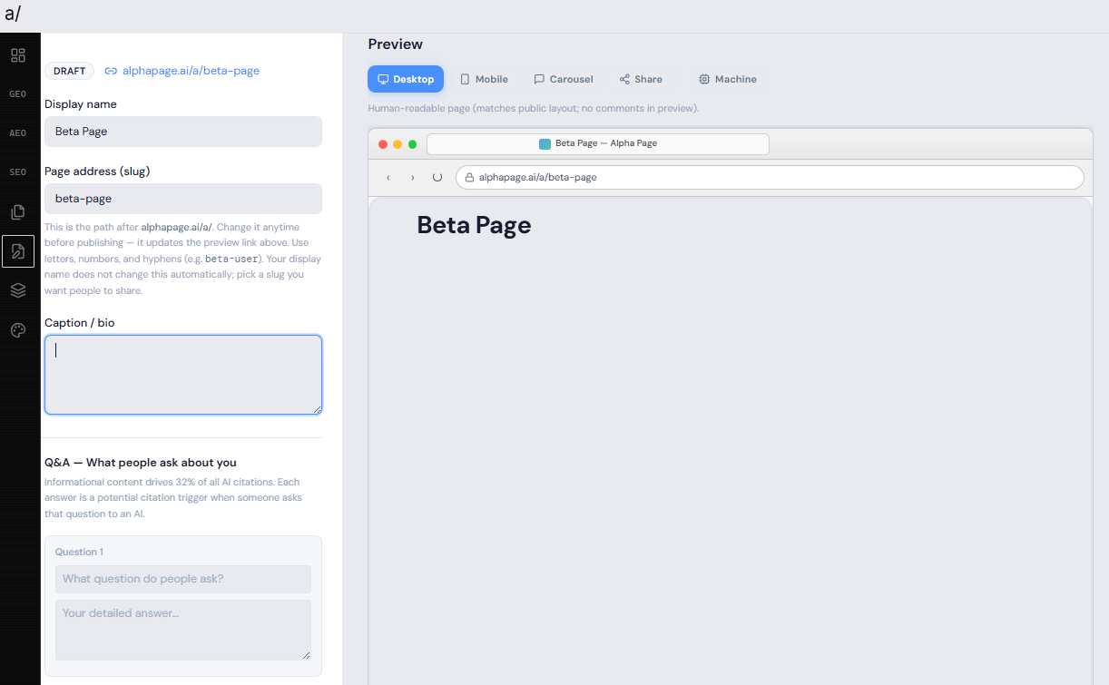 Alpha Page — One page away from being found by AI